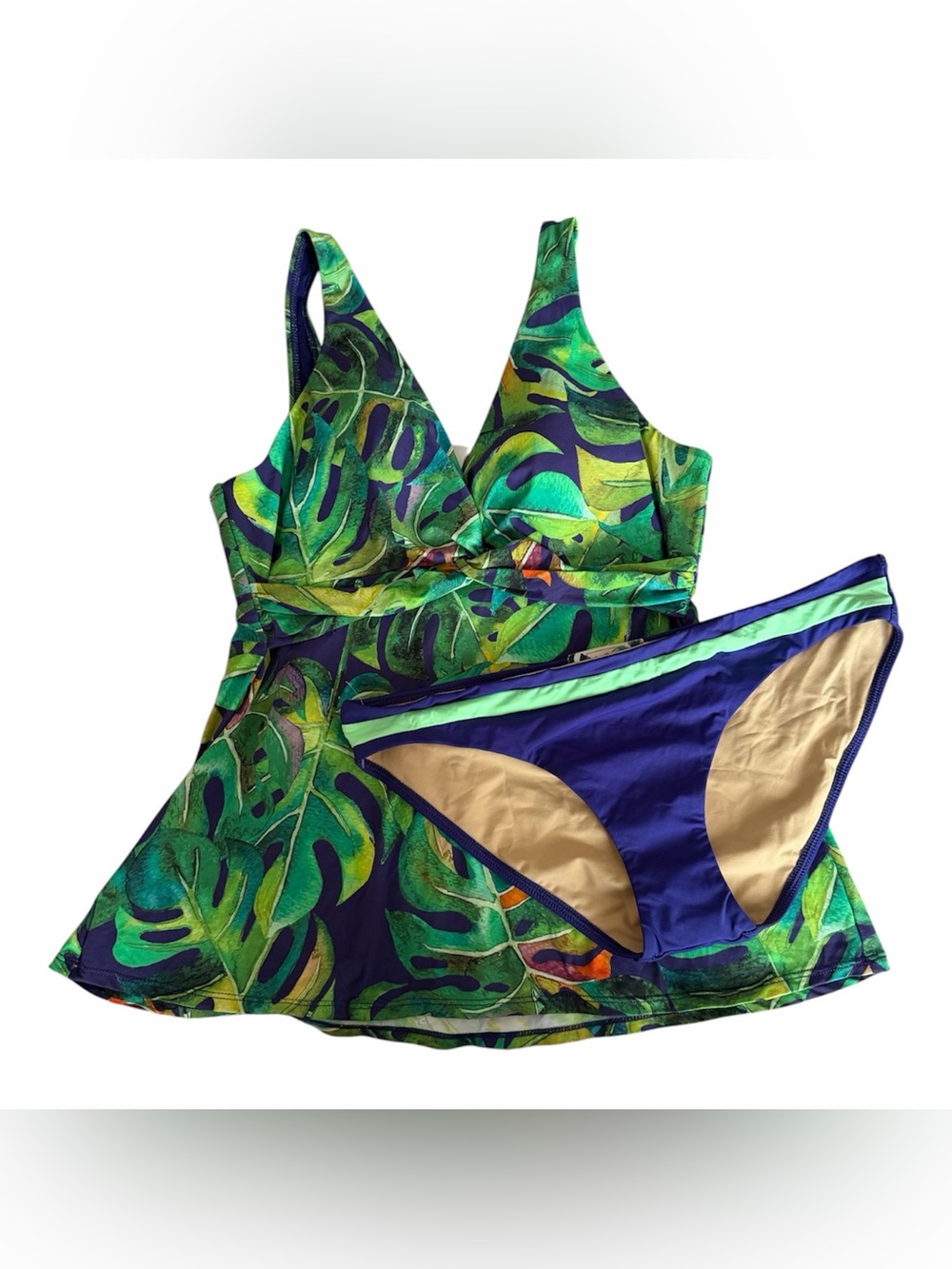 Bari Swimwear Tropical Green Print Tankini with Bikini Bottoms Size Large NWT